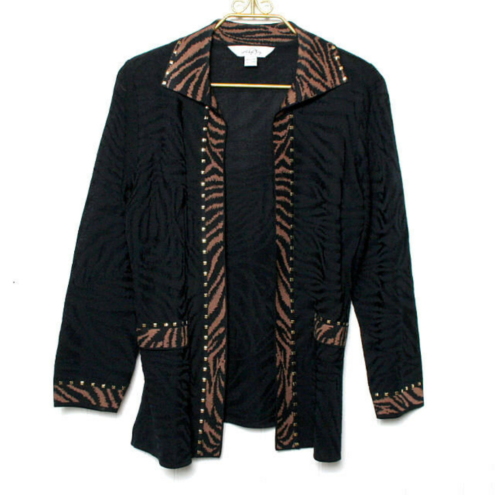 Ming Wang Animal Print Trim Cardigan Med (pp34)